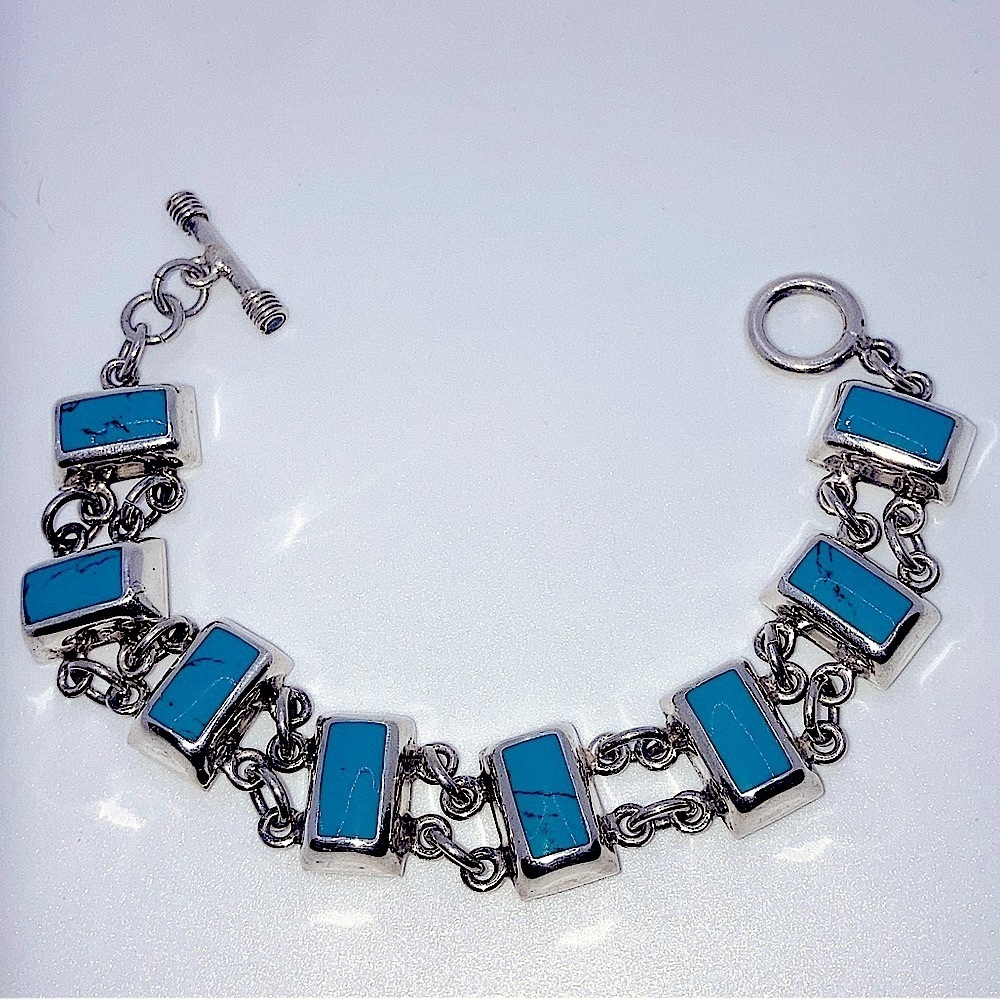Vtg Turquoise Sterling Rectangle Link Toggle Clasp Bracelet 7.5” / 37g - HEAVY